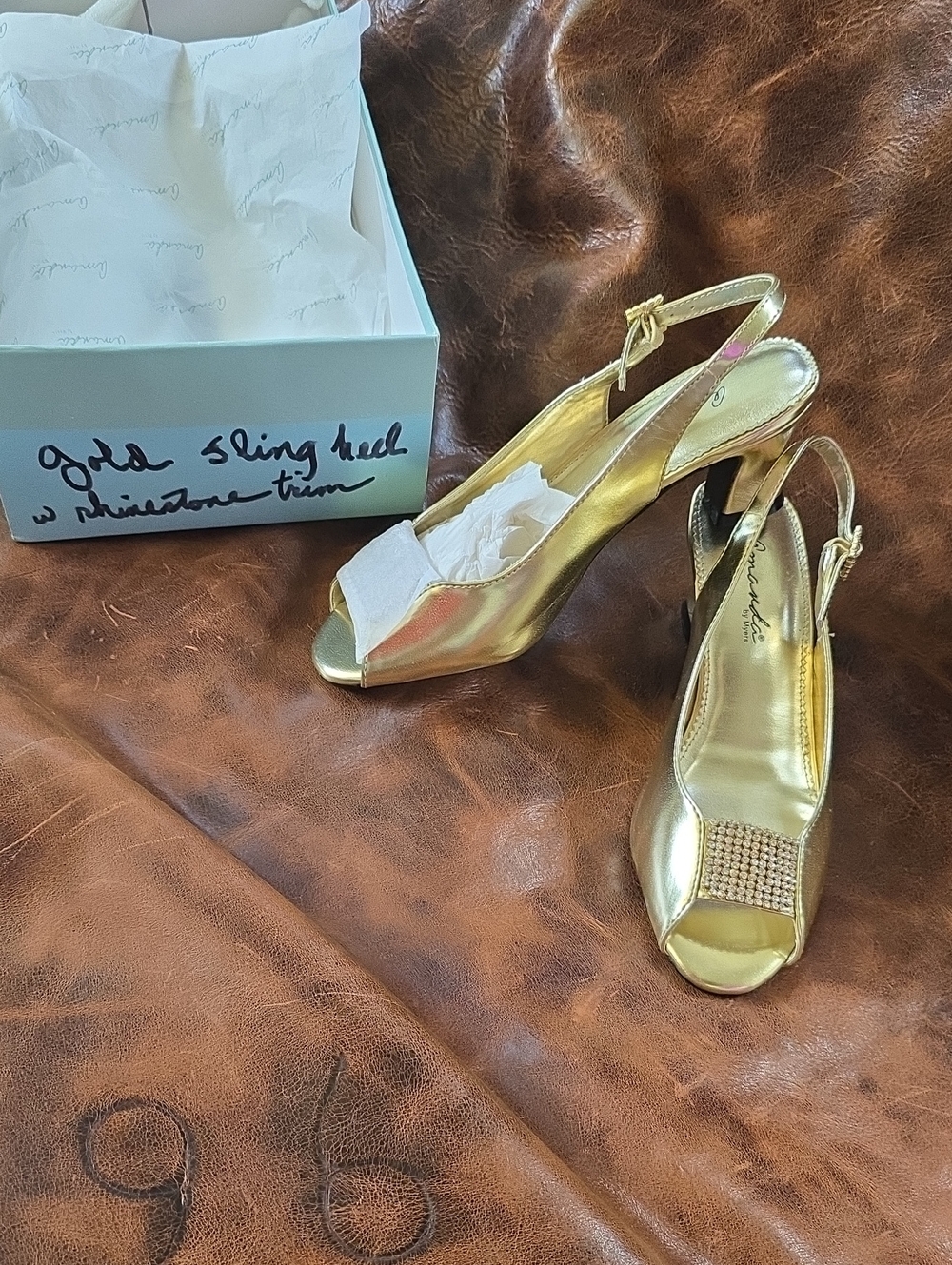 Womens Vintage 7Amanda SmithGold Slingback Peep-Toe Heels with Rhinestone Accent